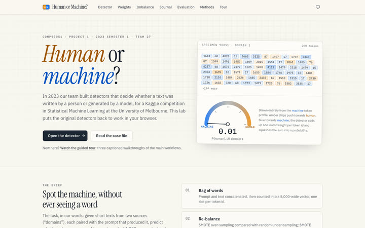 The landing page in the light theme: the title Human or machine? beside a synthetic specimen of token ids and a P(human) gauge.