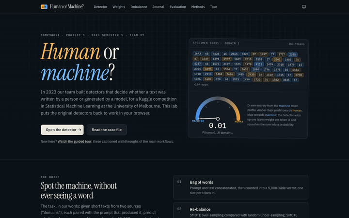 The landing page in the dark theme.